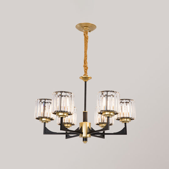 Modern Black & Gold Cylinder Chandelier with Clear Crystal Glass - 4/6 Head Dining Room Pendant