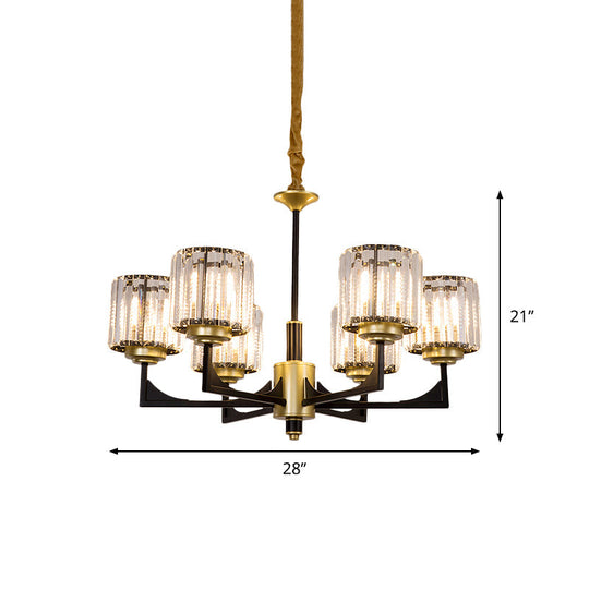 Modern Black And Gold Cylinder Chandelier With Clear Crystal Glass - 4/6 Head Dining Room Pendant