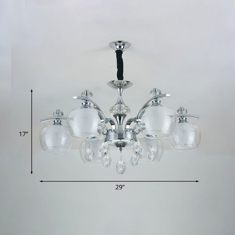 Modern Chrome Sputnik Chandelier, Clear Glass, 6-Light Pendant with Crystal Drop - Ideal for Bedrooms