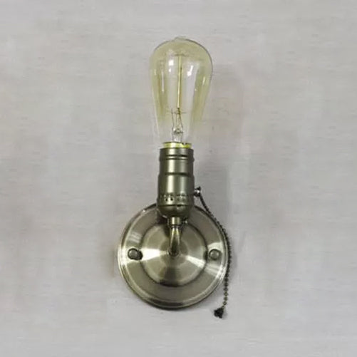Industrial Vintage Open Bulb Wall Sconce With Pull Chain - Black/Silver Finish Ideal For Bedroom