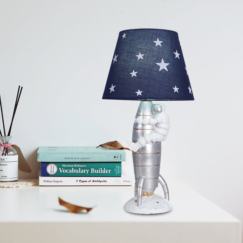 Gwendoline - Silver Rocket Astronaut Table Light Kids Night Lamp with Fabric Shade