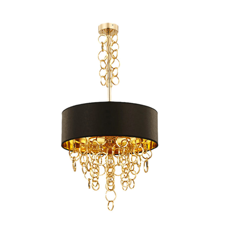 Modern Metal Ceiling Chandelier With 3 Black And Gold Lights - Multi Rings Drum Fabric Shade