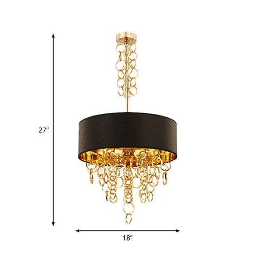 Modern Metal Ceiling Chandelier With 3 Black And Gold Lights - Multi Rings Drum Fabric Shade