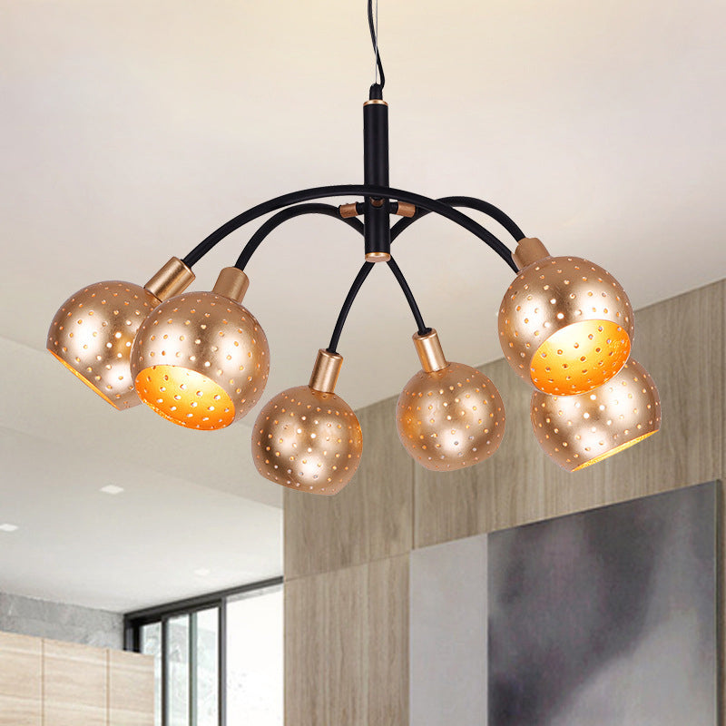 Modern Gold And Black Dome Pendant Chandelier - 6 Bulb Metal Suspension Light With Hollow Out Design