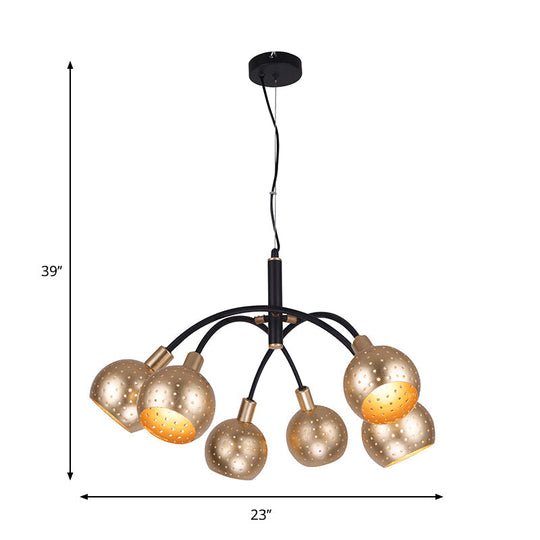 Modern Gold And Black Dome Pendant Chandelier - 6 Bulb Metal Suspension Light With Hollow Out Design