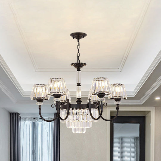 Modern Black Crystal Chandelier With Tapered Suspension - 3/6 Heads For Dining Room Lighting