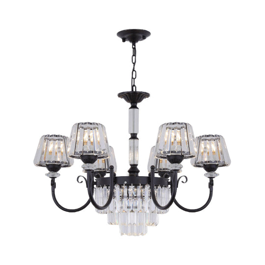 Modern Black Crystal Chandelier With Tapered Suspension - 3/6 Heads For Dining Room Lighting