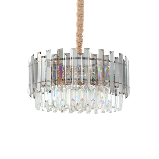 Modernist Dual-Layered Dining Room Chandelier with Clear and Smoke Gray Crystal Shades - 9-Bulb Gold Pendant