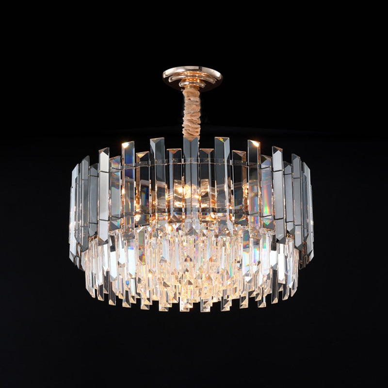 Modernist Dual-Layered Dining Room Chandelier with Clear and Smoke Gray Crystal Shades - 9-Bulb Gold Pendant