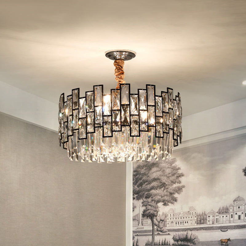 Contemporary Black Crystal Chandelier - 9-Head Suspension Lamp with Clear Prism and Dual Layers