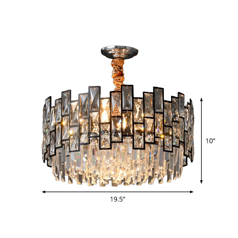 Contemporary Black 9-Head Suspension Chandelier With Clear Crystal Prism