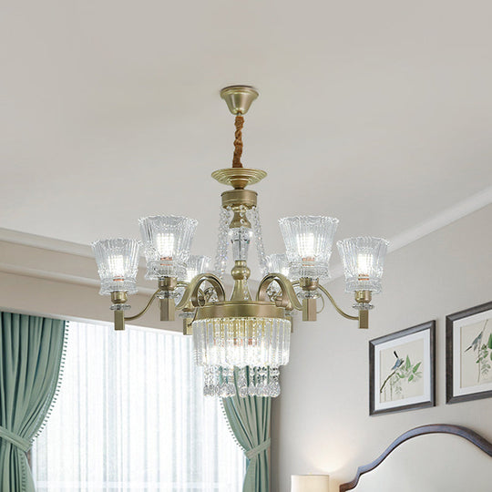 Modern Gold Crystal Chandelier Pendant Lamp with Clear Conical Shades - 6/9-Head Light Fixture for Bedroom