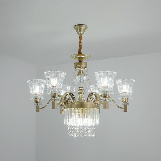 Modern Gold Crystal Chandelier Pendant Lamp with Clear Conical Shades - 6/9-Head Light Fixture for Bedroom