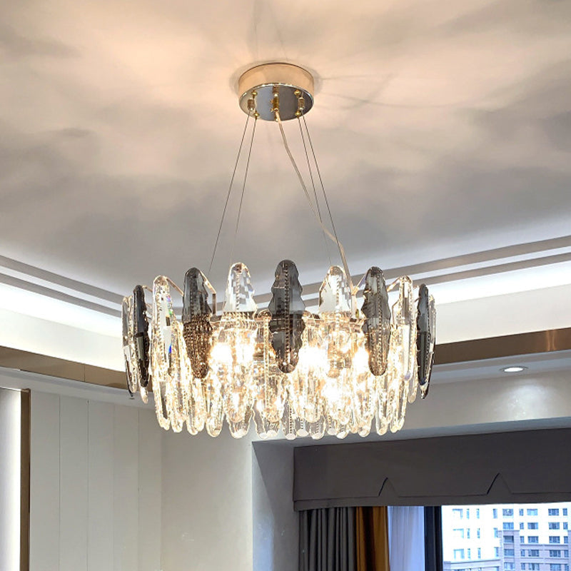 Modernist 2-Tier Suspension Chandelier Light - 6 Heads Clear And Smoke Gray Crystal