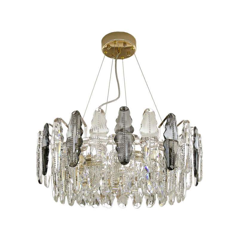 Modernist Clear and Smoke Gray Crystal Chandelier Light - 2 Tiers Suspension, 6 Heads
