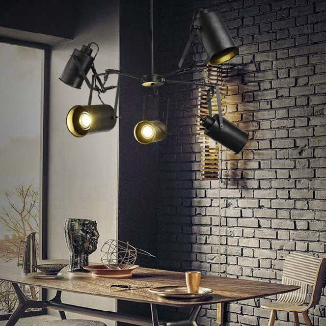 Adjustable 5-Bulb Black Chandelier Pendant Lamp with Retro Metal Cylinder Shade - Elegant Hanging Lighting