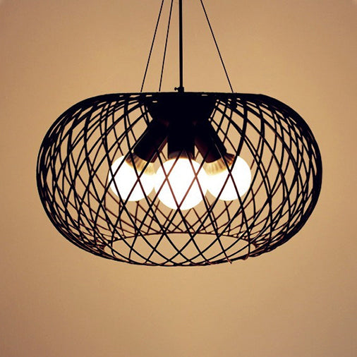 Industrial Black Metal Chandelier With Drum Shade And Mesh Cage - 3 Heads Pendant Lighting