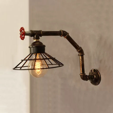 Vintage Industrial Bronze Wall Sconce Lamp With Conical Wire Bulb And Pipe Design