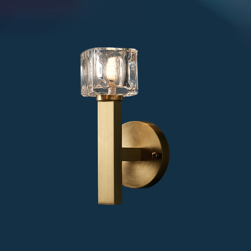 Brass Cylinder Sconce With Clear Crystal Block For Modern Living Room Lighting