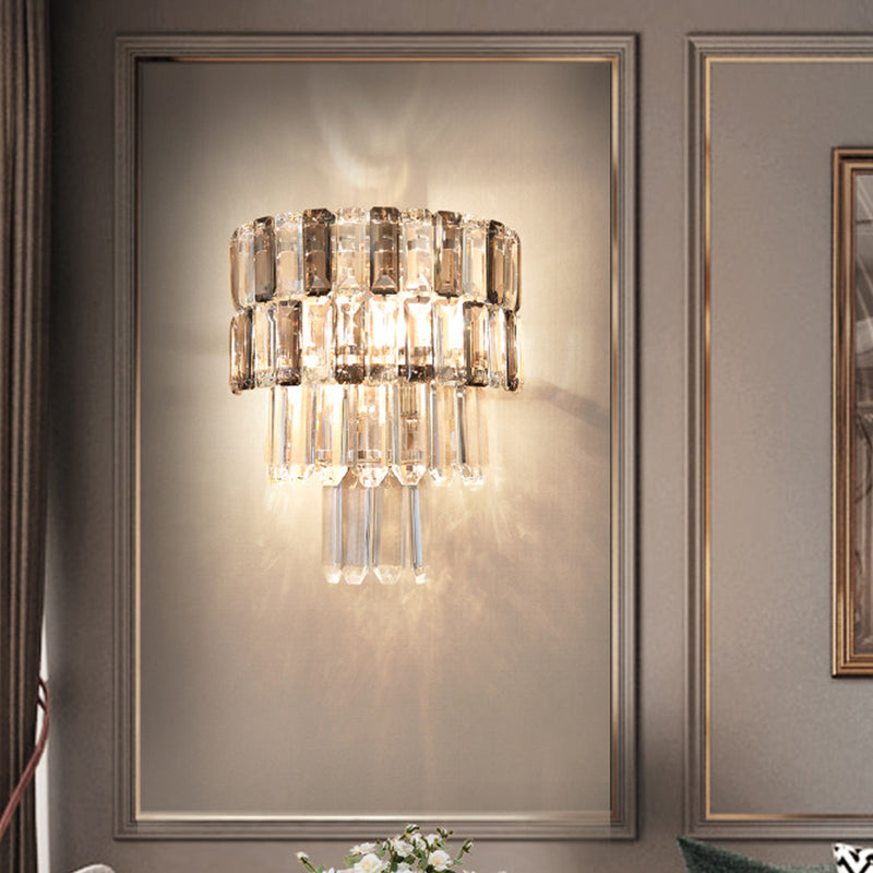 Modern Smoke Gray Crystal Sconce: Layered Design 2-Bulb Wall Mounted Light Fixture For Living Room