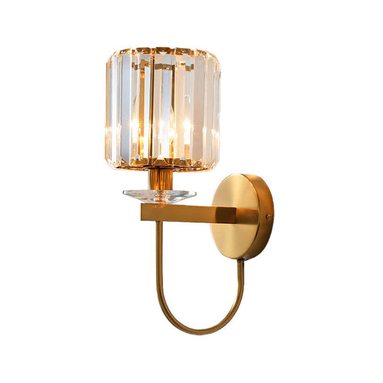 Modern Crystal Column Sconce Wall Light In Gold With Gooseneck Arm - 1 Bulb Fixture For Living Room