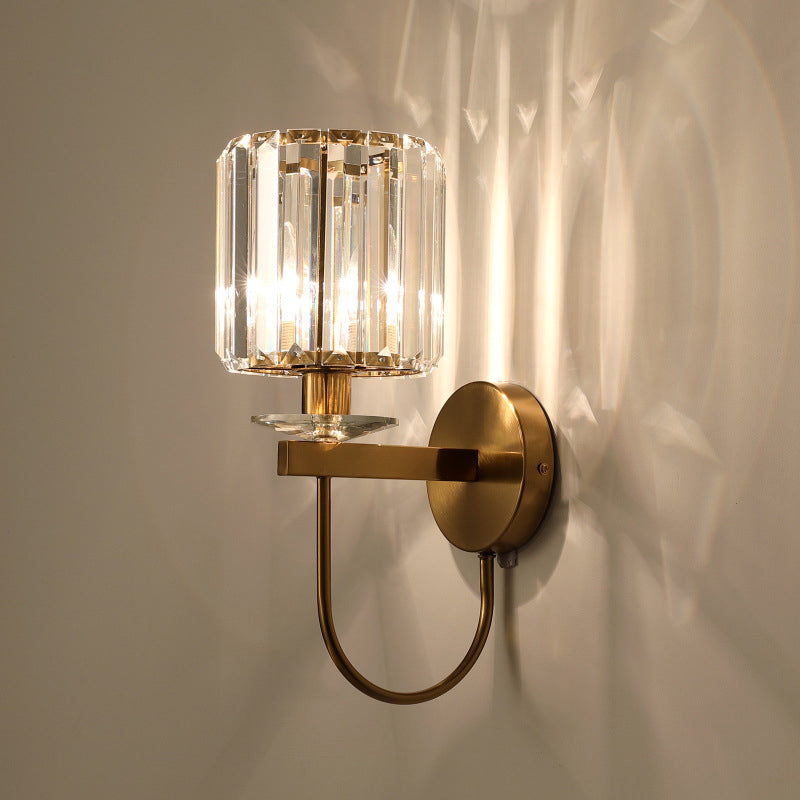 Modern Crystal Column Sconce Wall Light In Gold With Gooseneck Arm - 1 Bulb Fixture For Living Room