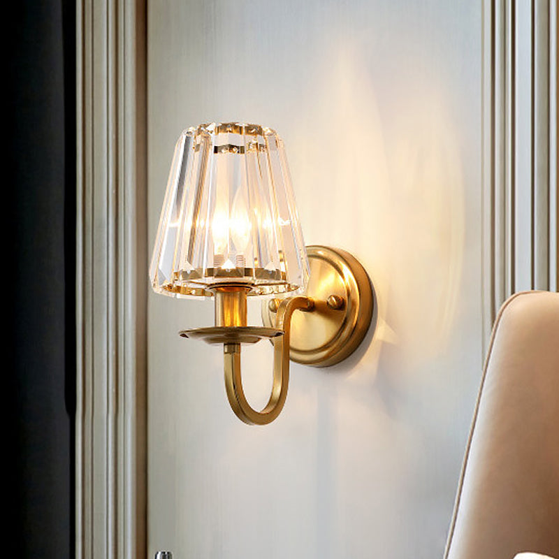 Gold Cone Wall Sconce With Crystal & Arched Arm