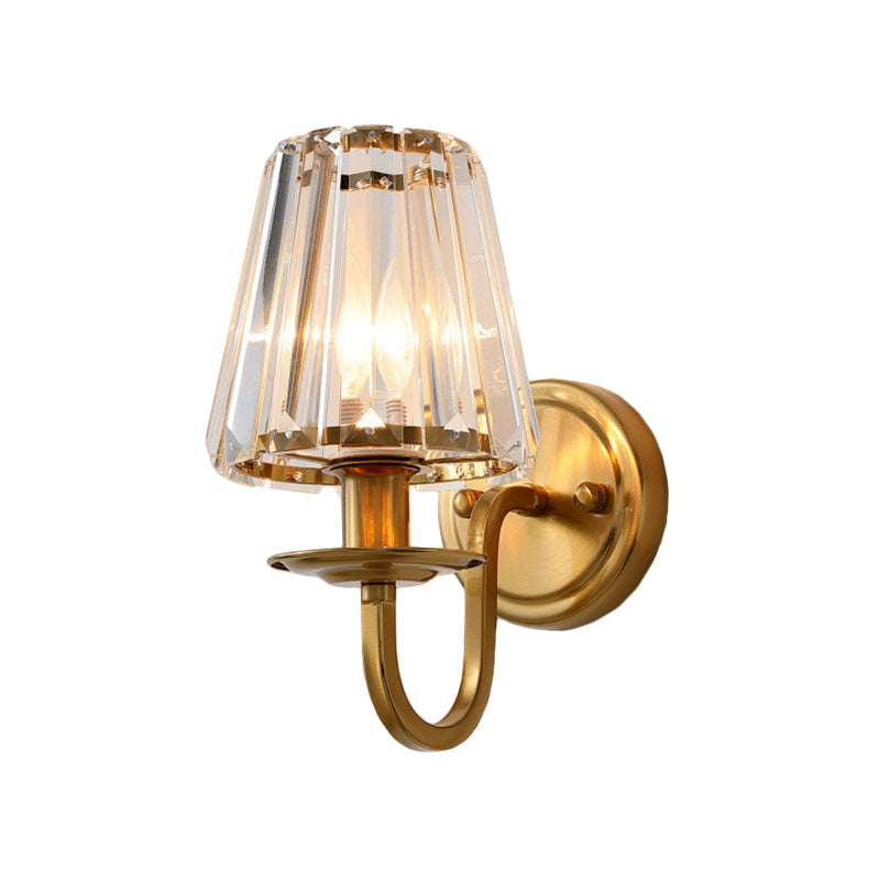 Gold Cone Wall Sconce With Crystal & Arched Arm