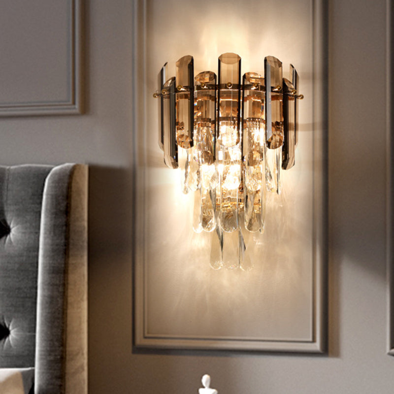 Tiered Crystal Wall Sconce - Modernist Clear & Smoke Gray Lighting Fixture