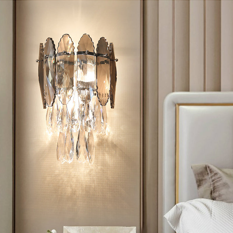 Modern Layered Wall Lighting Clear And Champagne/Smoke Gray Crystal Sconce Fixture 2 Lights Smoke