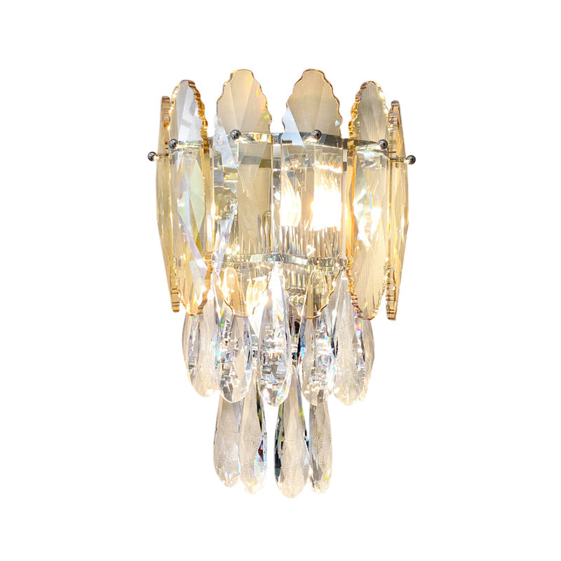 Modern Layered Wall Lighting Clear And Champagne/Smoke Gray Crystal Sconce Fixture 2 Lights