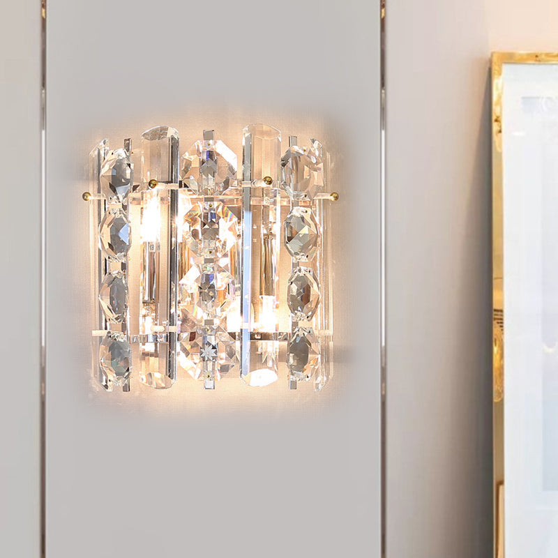 Contemporary 2-Light Wall Lamp With Crystal Shade For Living Room Clear