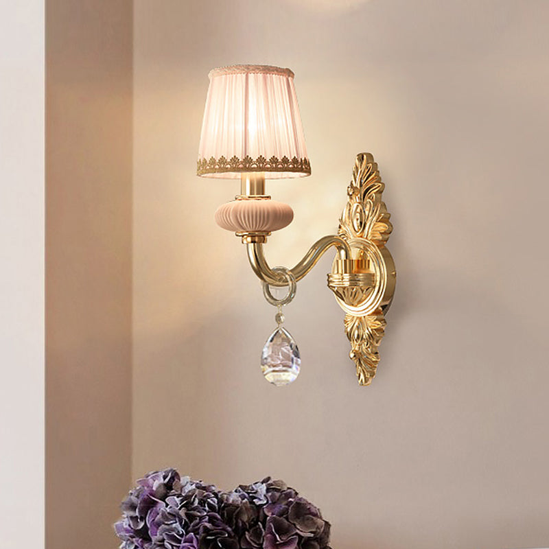 Fabric Pink Wall Light Cone 1/2-Bulb Sconce With Crystal Drop - Rural Lighting Fixture 1 /