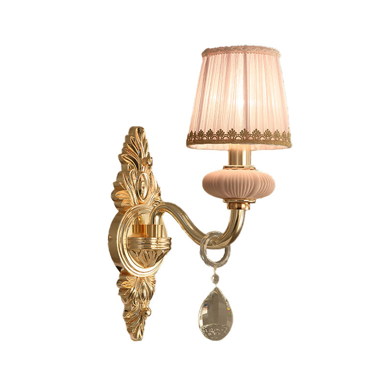 Fabric Pink Wall Light Cone 1/2-Bulb Sconce With Crystal Drop - Rural Lighting Fixture