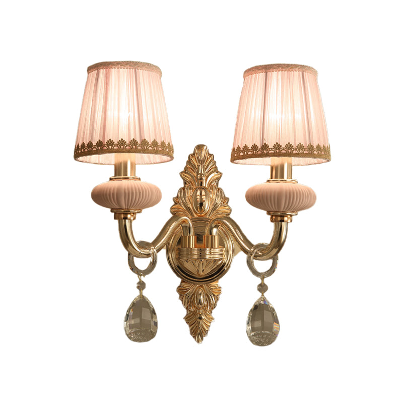 Fabric Pink Wall Light Cone 1/2-Bulb Sconce With Crystal Drop - Rural Lighting Fixture