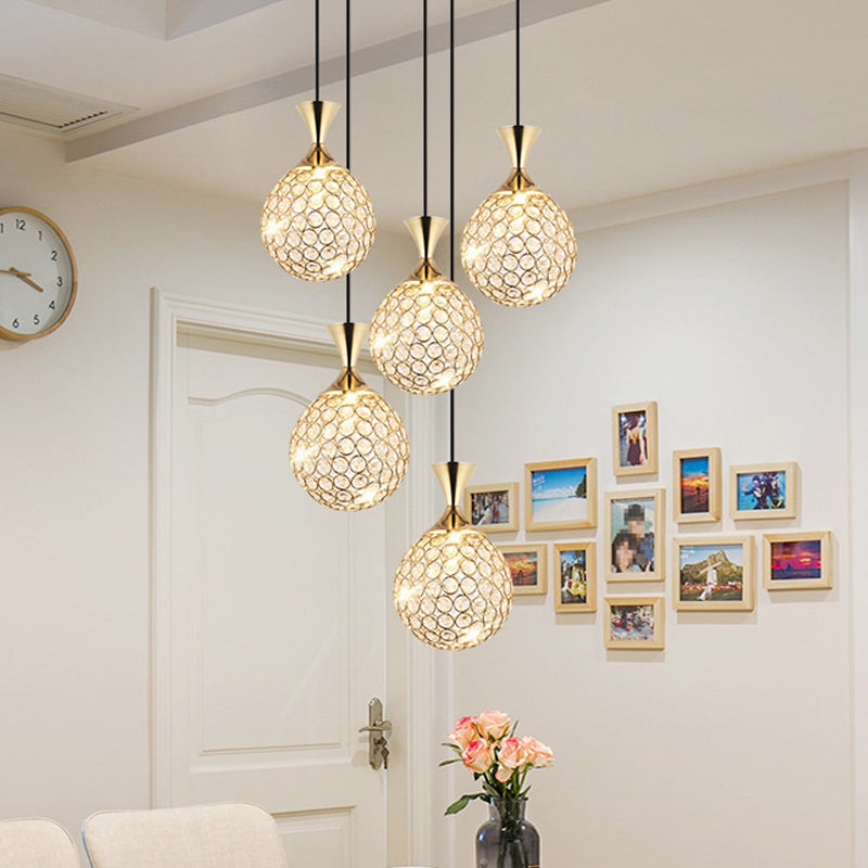 Modern Gold Crystal Cluster Pendant Light - Perfect For Dining Room 3/5 Bulbs Globe Design