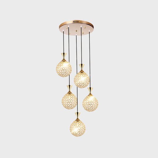 Modern Gold Crystal Cluster Pendant Light - Perfect For Dining Room 3/5 Bulbs Globe Design