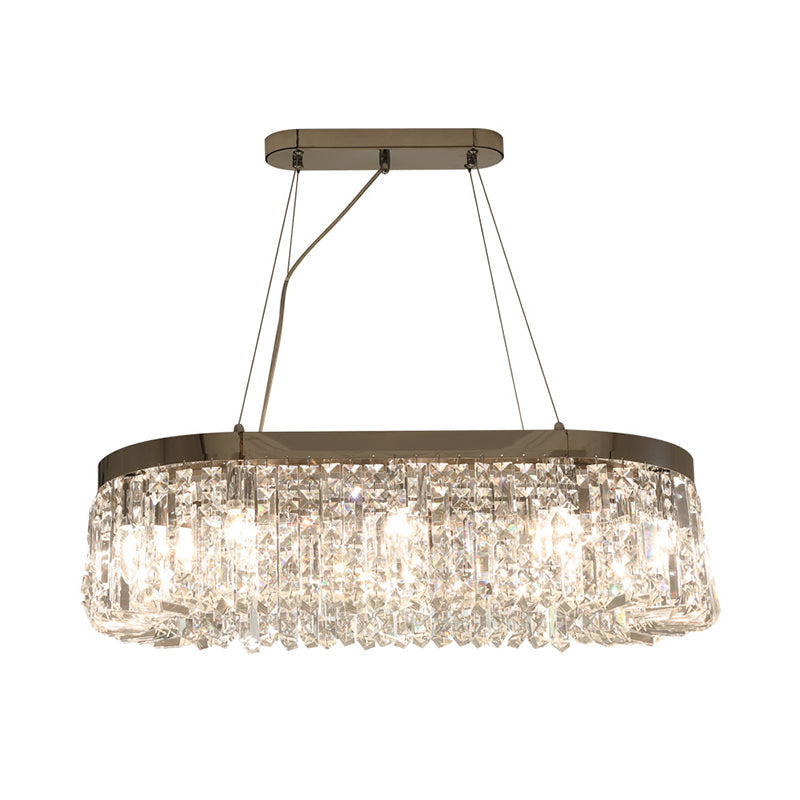 Modern Chrome Oval Island Lamp With Crystal Accents - 10 Head Suspension Pendant Light For Dining