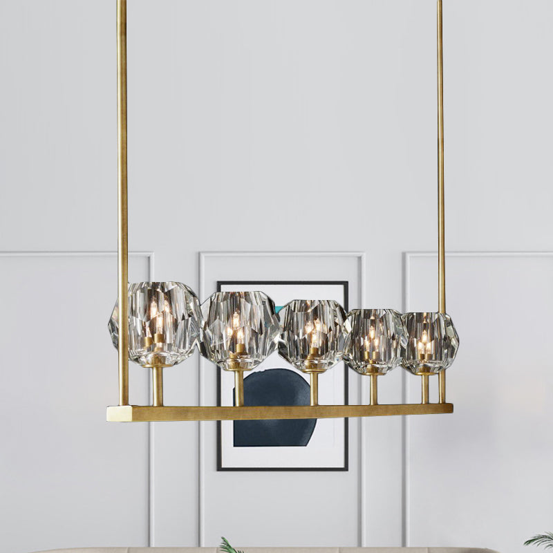 Crystal Brass Island Light With 5 Beveled Bulbs - Modern Ceiling Suspension Lamp