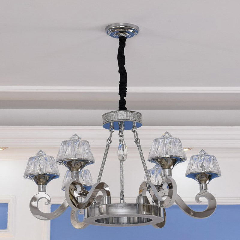 Contemporary Scrolled Arm Ceiling Light With Clear Crystal Block 6-Bulb Chandelier In Chrome Finish