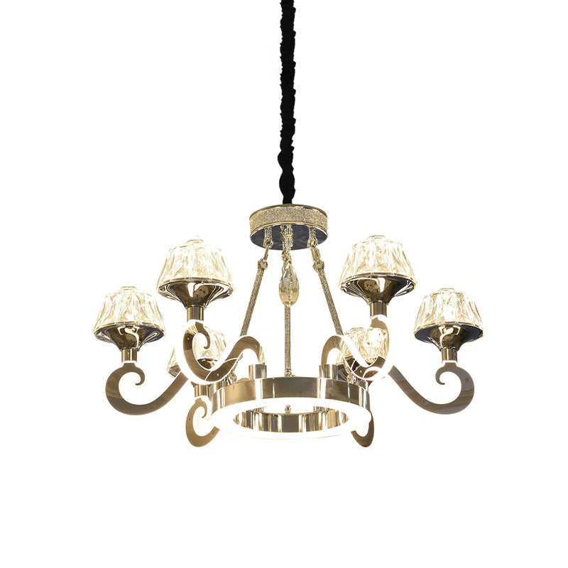 Contemporary Scrolled Arm Ceiling Light With Clear Crystal Block 6-Bulb Chandelier In Chrome Finish