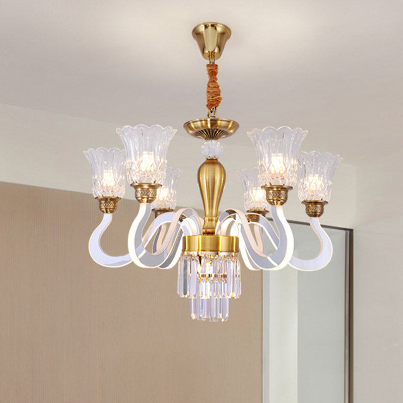 Modern 6-Head Flower Crystal Ceiling Lamp With Acrylic Arm For Dining Room Chandelier Clear
