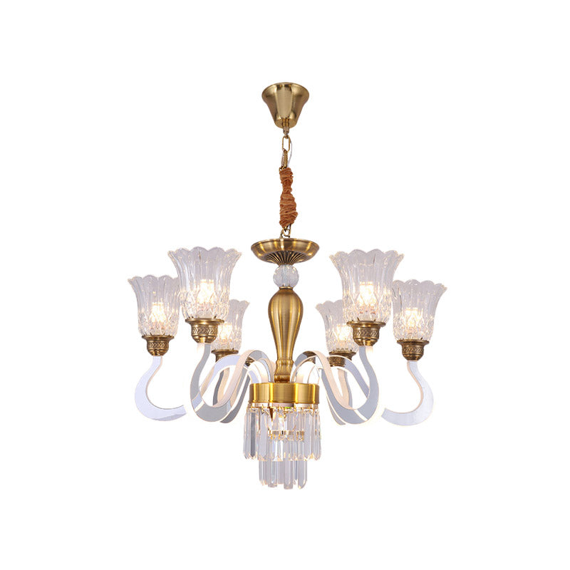 Modern 6-Head Flower Crystal Ceiling Lamp With Acrylic Arm For Dining Room Chandelier
