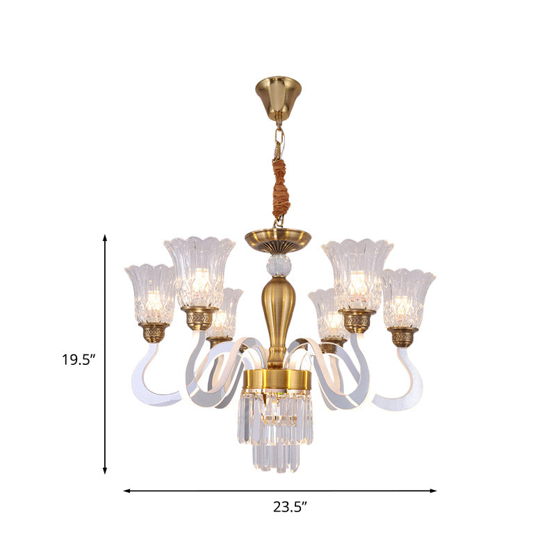 Modern 6-Head Flower Crystal Ceiling Lamp With Acrylic Arm For Dining Room Chandelier