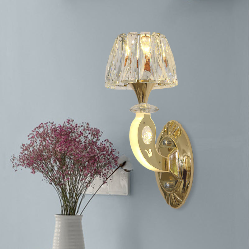 Conical Clear Crystal Wall Sconce Lighting In Gold - Elegant 1-Bulb Fixture