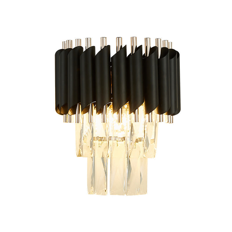 Modern 2-Light Clear K9 Crystal Wall Sconce Light Fixture In Black