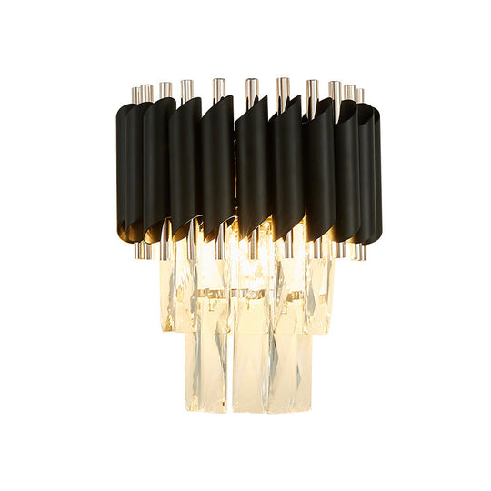 Modern 2-Light Clear K9 Crystal Wall Sconce Light Fixture In Black