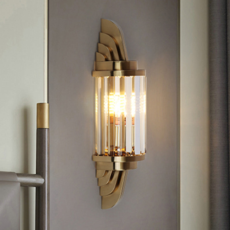 Contemporary Brass Crystal Wall Mount Lamp For Living Room - Cylinder Sconce Light