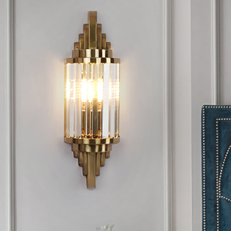 Contemporary Brass Crystal Wall Mount Lamp For Living Room - Cylinder Sconce Light