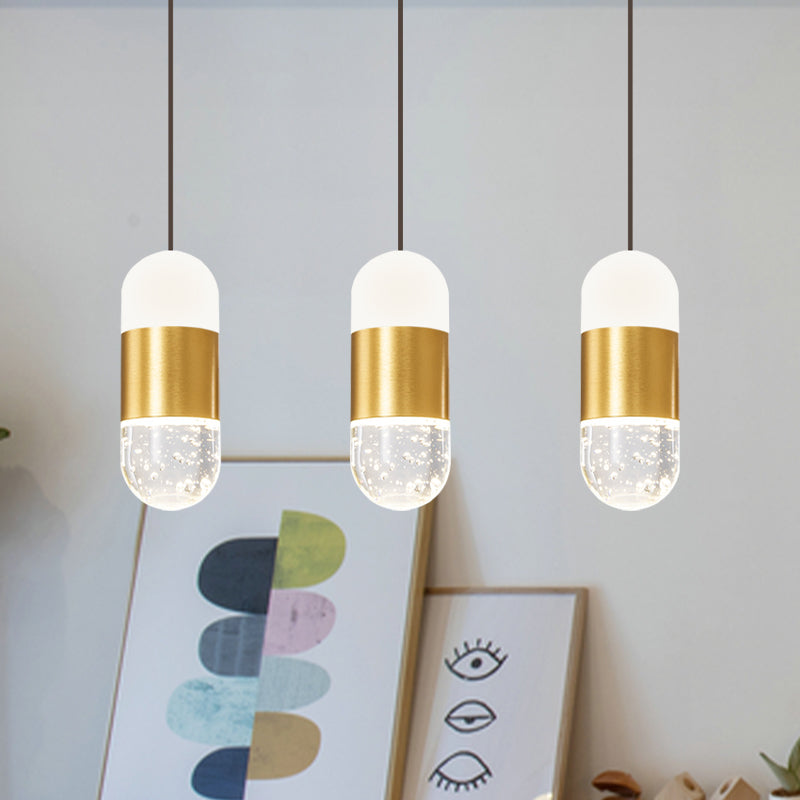 Minimalist Brass 3-Head Pendant Light with Seedy Crystal Capsules - Perfect for Dining Room Ceiling